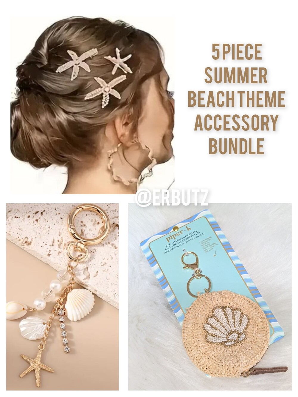 5pc Beachy Accessory Set - Seashell Coin Purse Bag Charm, Keychain, Hair Clips🐚